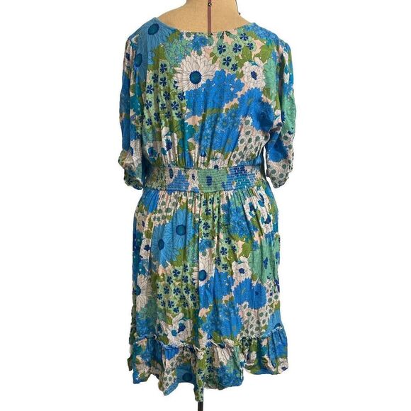 Lovestitch Bright Floral Blue Green Ruffle Bottom Dress Size Large - Picture 5 of 10